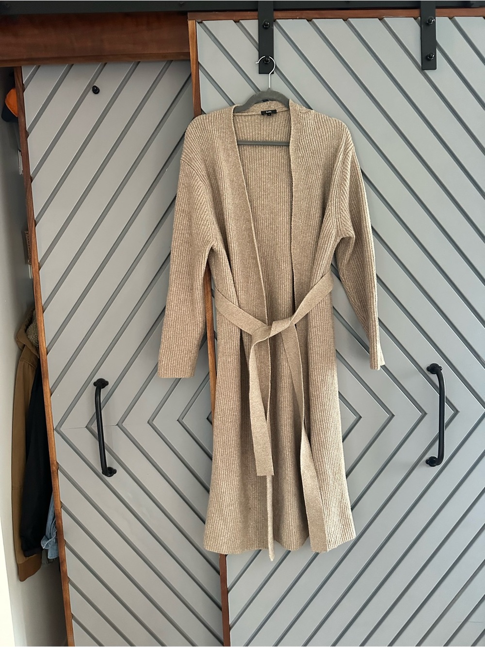 knix Beige Ribbed Tie-Waist Long Cardigan